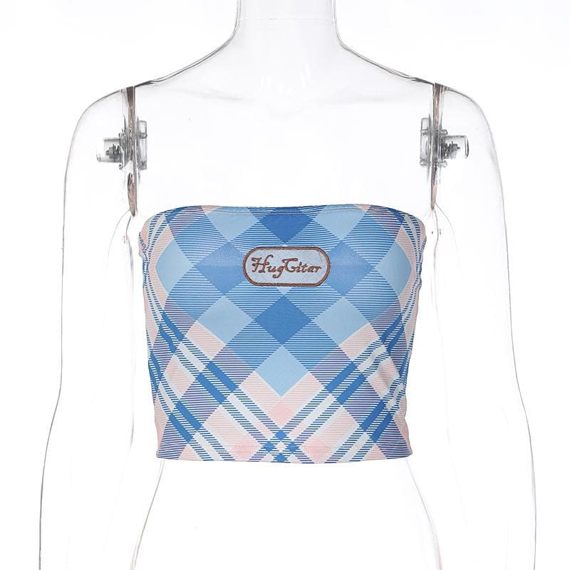 Embroidery contrast plaid backless tube top