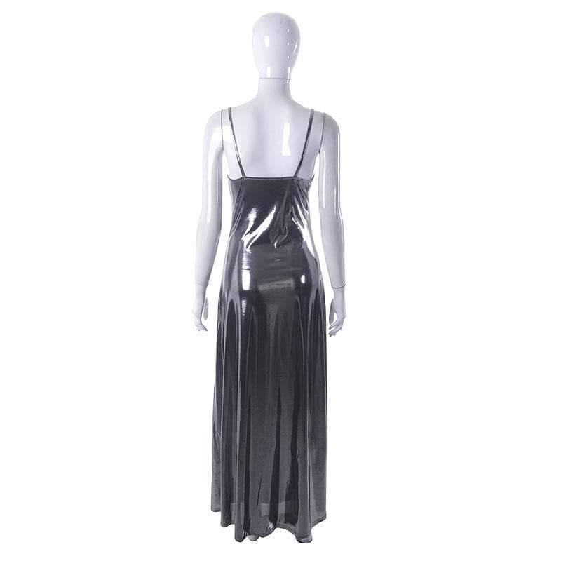 Metallic v neck backless solid low cut cami maxi dress