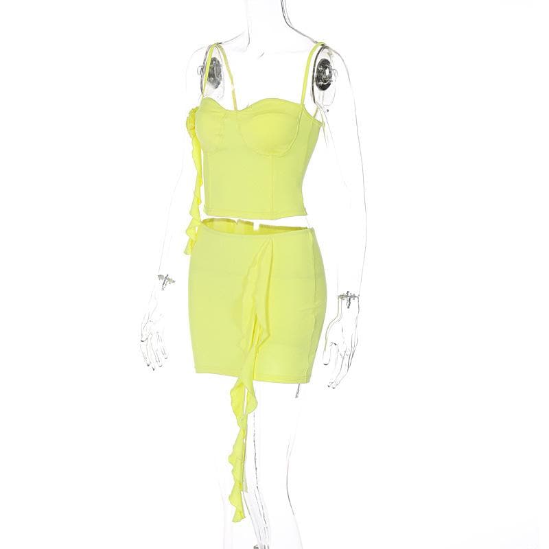 Flower applique solid ruffle ribbon cami mini skirt set
