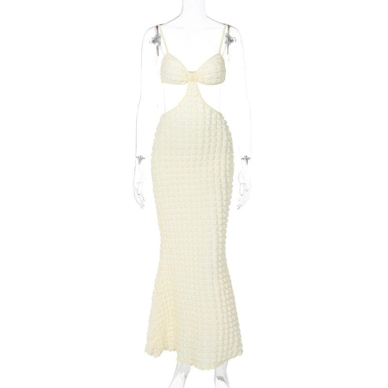 Solid hollow out waffle backless cami midi dress
