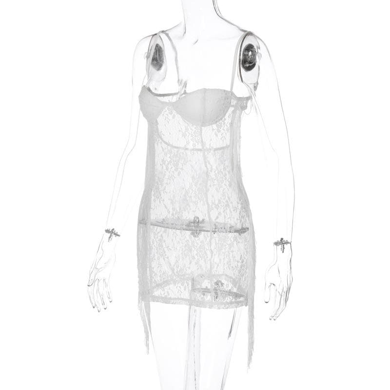 Tassels low cut see through lace solid backless cami mini dress