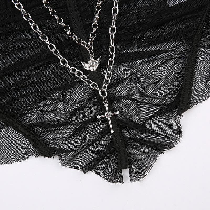 Metal chain mesh patchwork ruched cami crop top