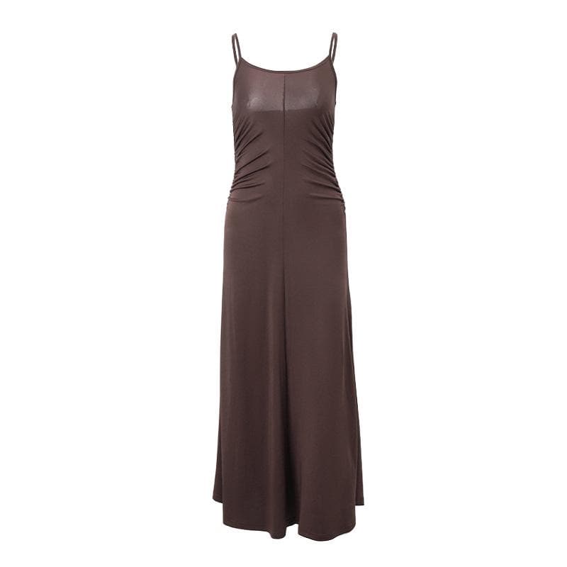 Solid ruched u neck backless cami maxi dress