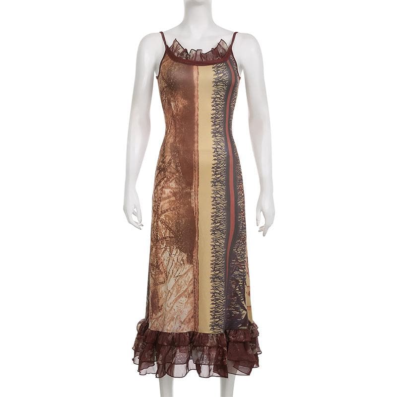 Abstract ruffle contrast ruched cami maxi dress - Final Sale