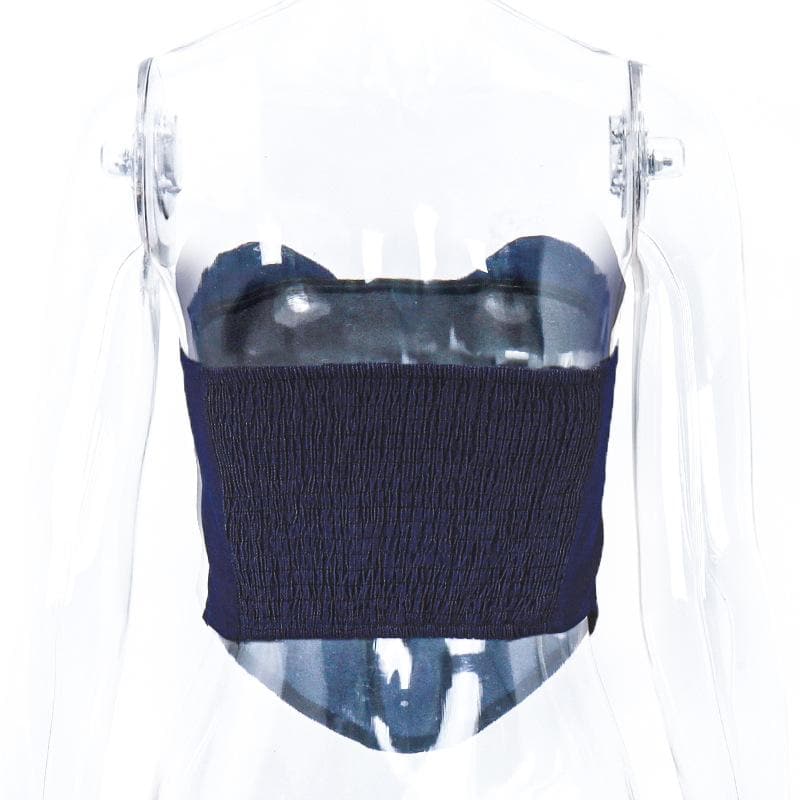 Contrast patchwork backless buckle denim tube top