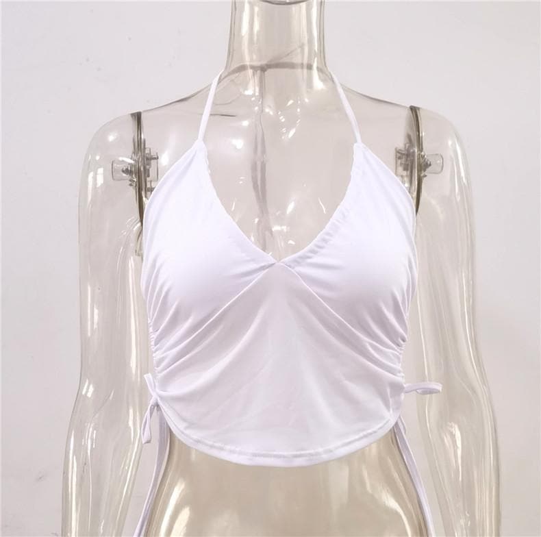 Double layered drawstring ruched V neck halter backless cami top