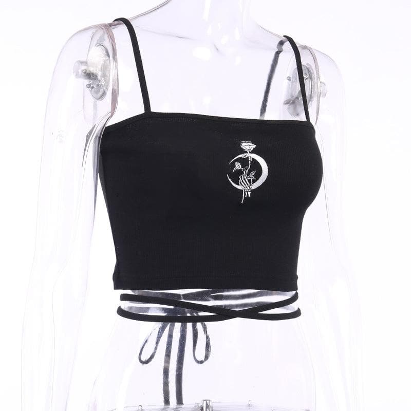 Embroidered ribbed cross tie back crop cami top