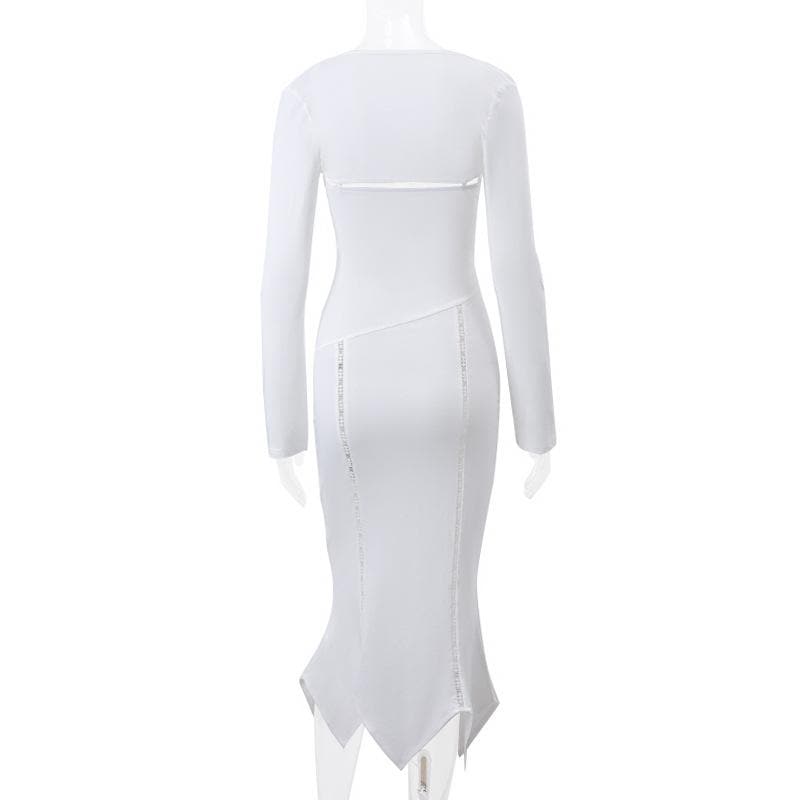 Long sleeve hollow out ruched o ring shrug cami midi dress