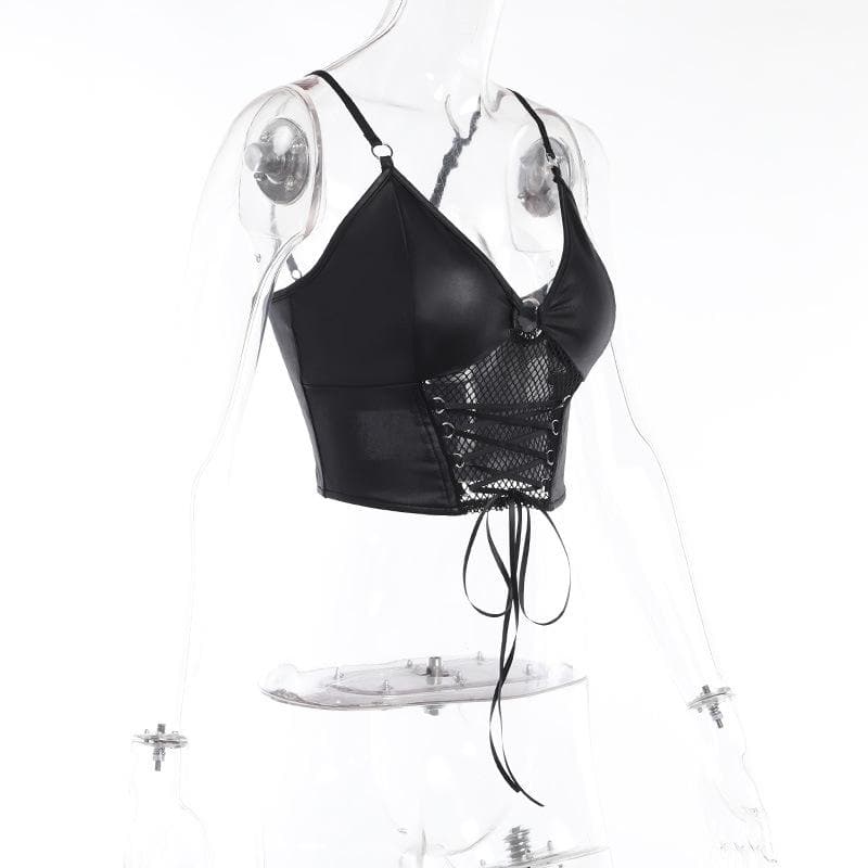 Backless v neck o ring lace up fishnet hollow out solid cami crop top - Final Sale