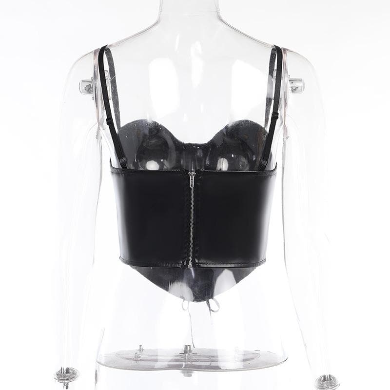 Lace up sweetheart neck PU leather zip-up cami crop top