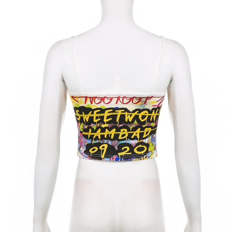 Letter print contrast u neck backless cami crop top - Final Sale