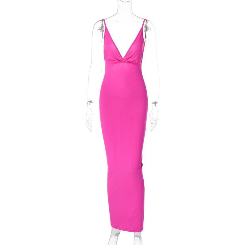 Solid v neck ruched backless cami maxi dress