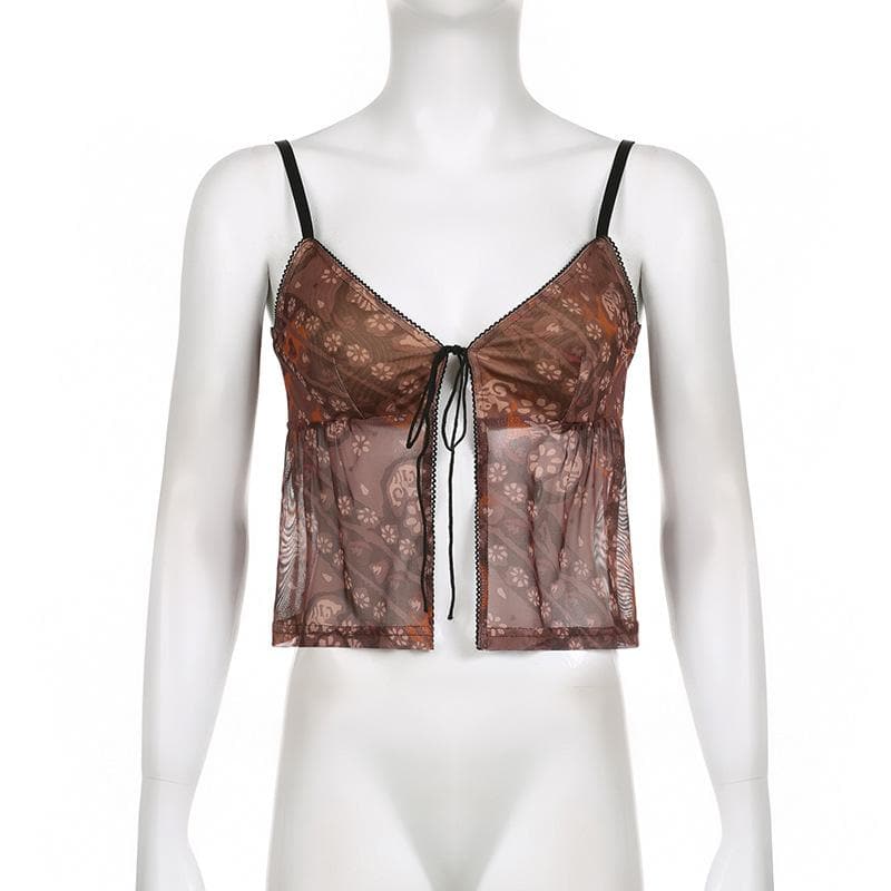 Mesh flower print self tie backless v neck cami crop top - Final Sale