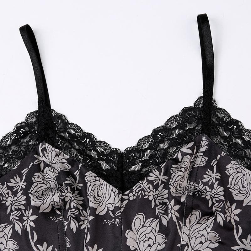 Flower print lace hem v neck contrast backless cami crop top