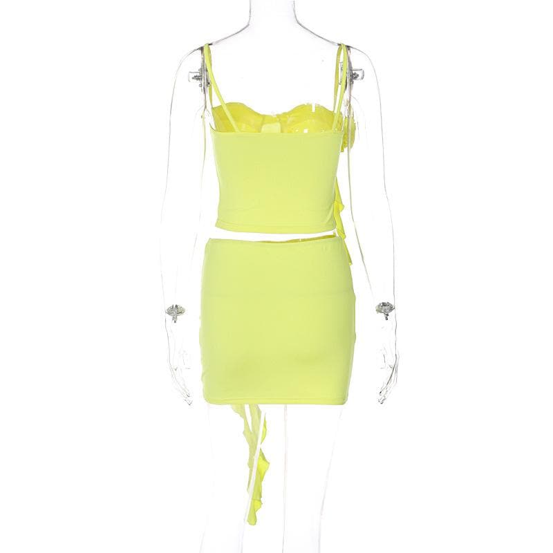Flower applique solid ruffle ribbon cami mini skirt set