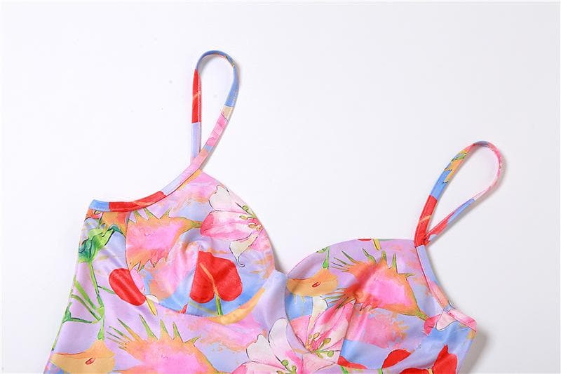 Flower print contrast low cut v neck cami mini dress