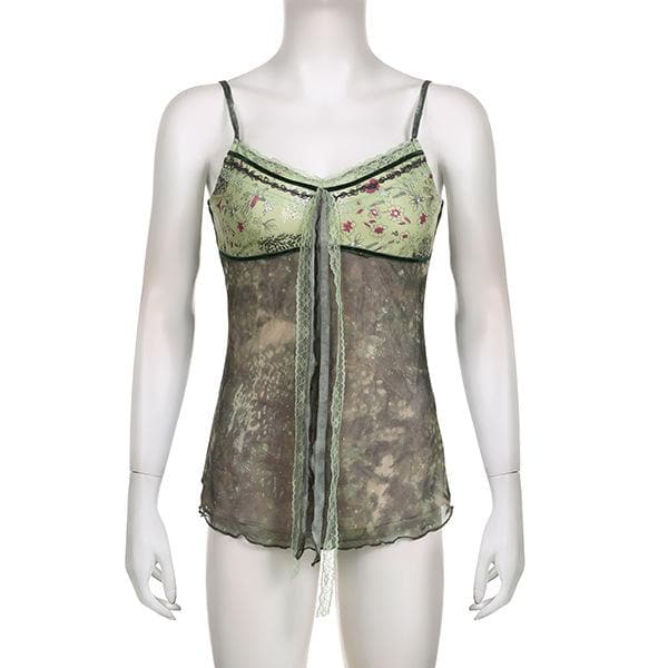 Lace hem patchwork v neck tie dye contrast mesh backless cami top - Final Sale