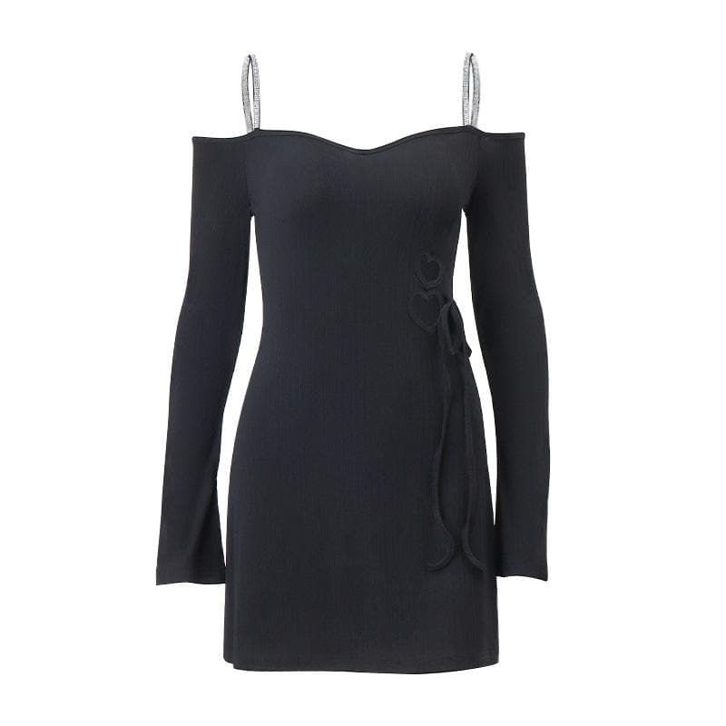 Long sleeve off shoulder textured hollow out cami mini dress