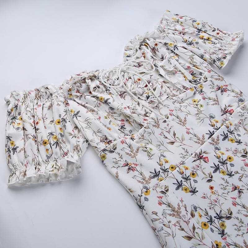 Short sleeve off shoulder puff sleeve slit flower pattern ruched midi dress