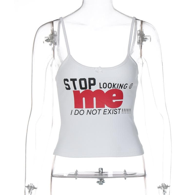 Letter print u neck contrast backless cami crop top - Final Sale