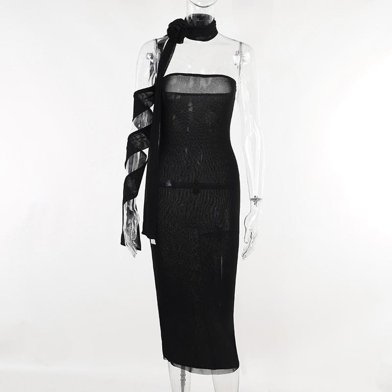 Flower applique solid lace up ribbon tube midi dress