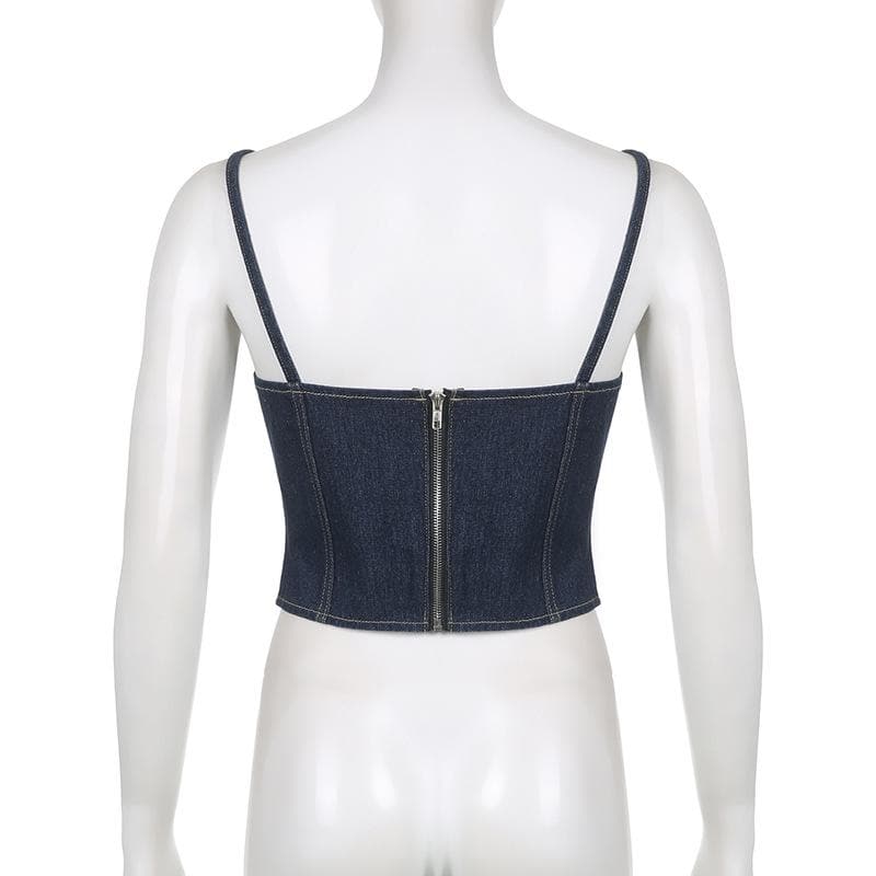 Stitch square neck backless zip-up denim cami top