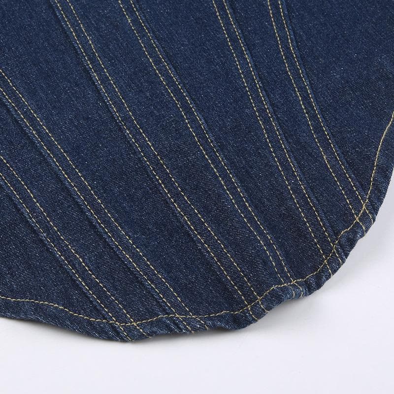 Stitch square neck backless zip-up denim cami top