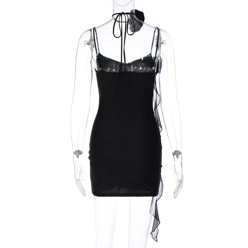 Flower applique solid backless v neck ribbon cami mini dress