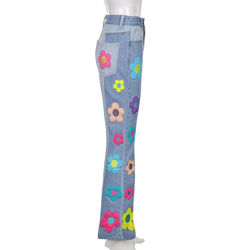 Flower embroidery patchwork contrast medium rise flared jeans - Final Sale