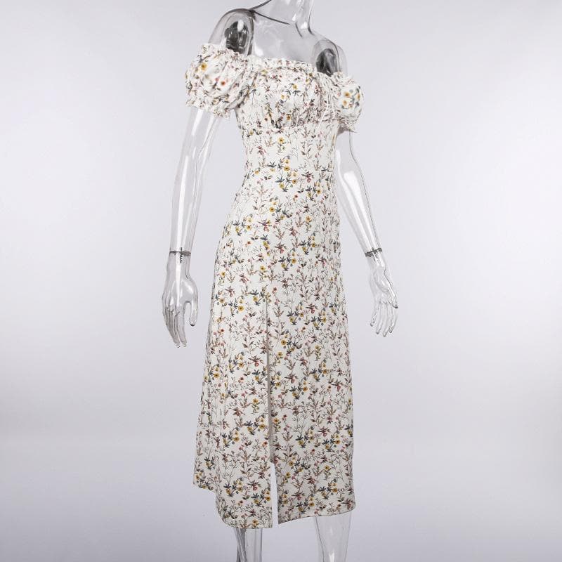 Short sleeve off shoulder puff sleeve slit flower pattern ruched midi dress