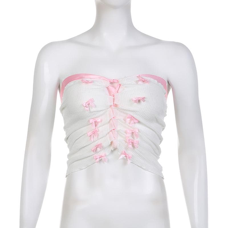Ribbed bowknot contrast lace up backless tube top - Final Sale