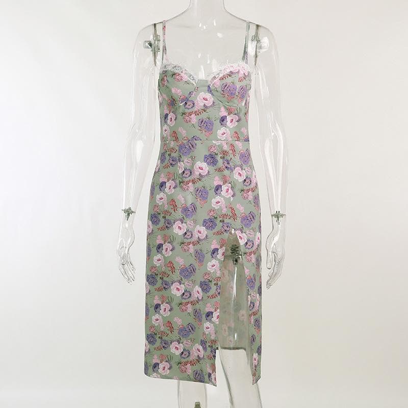 Sleeveless slit lace hem backless flower pattern print cami dress