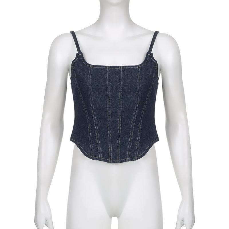 Stitch square neck backless zip-up denim cami top