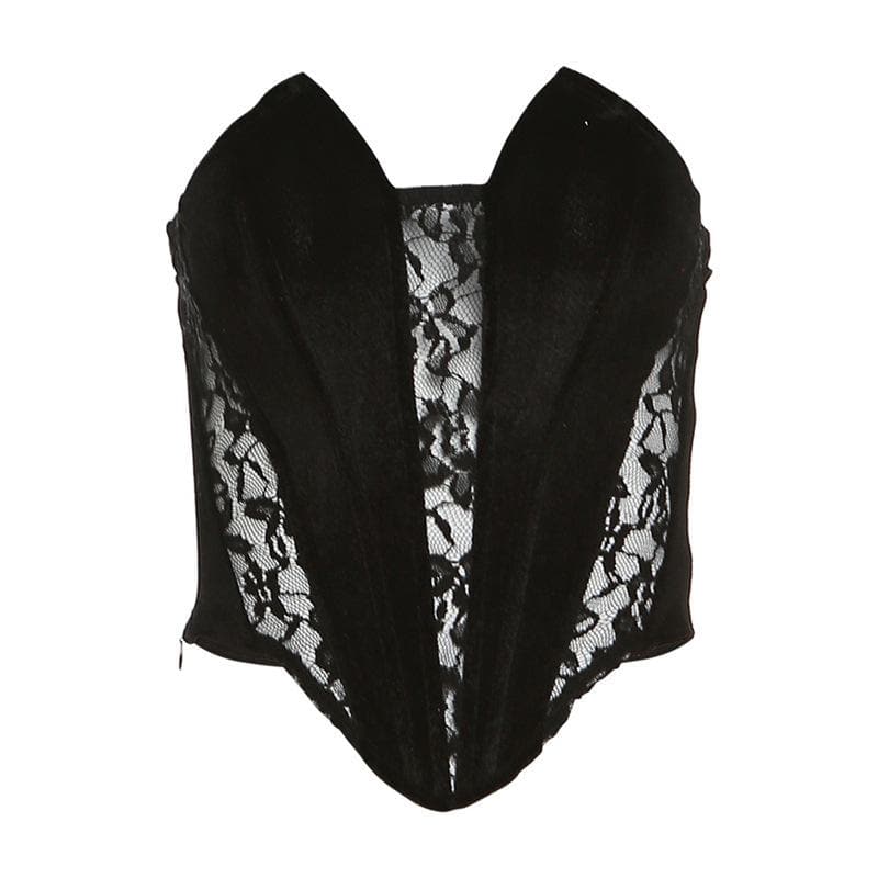 Lace patchwork solid notch neck corset tube top