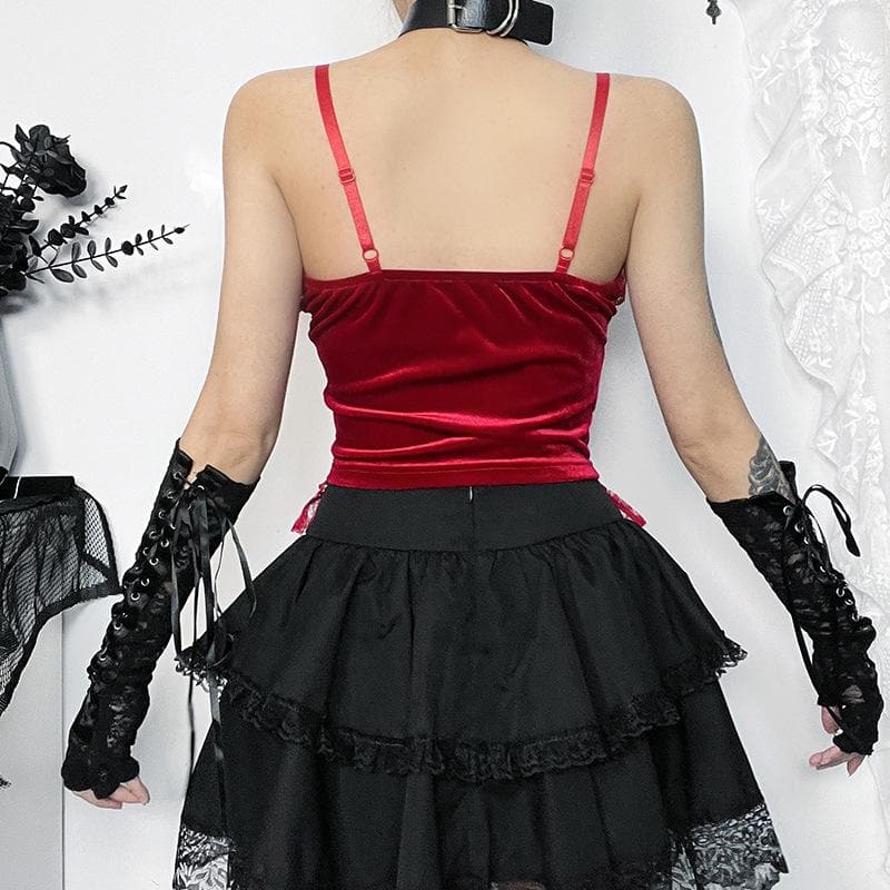 Velvet lace hem metal chain ruffle cami top