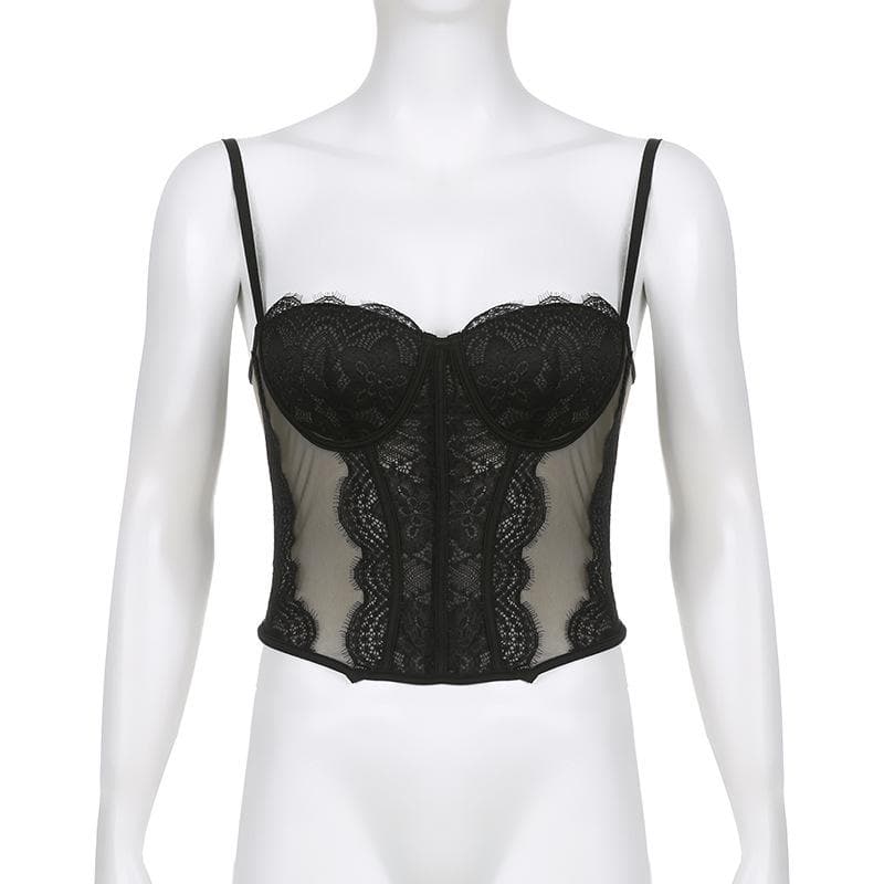 Mesh button lace hem backless bustier cami top