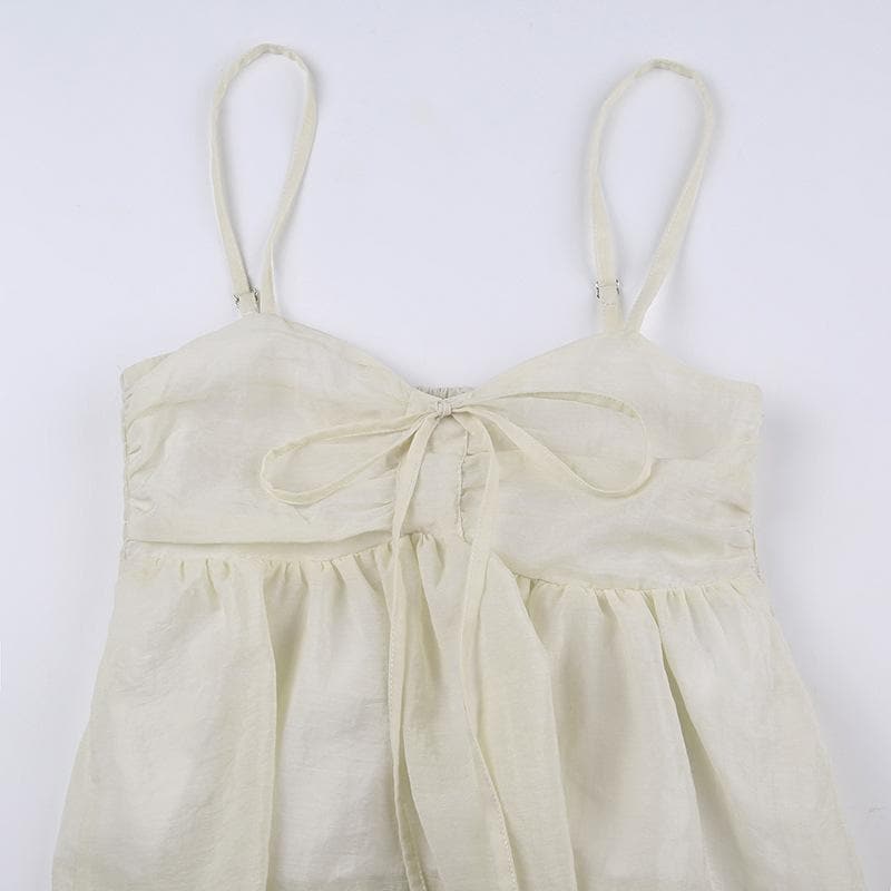 Solid ruched ruffle v neck smocked self tie cami top