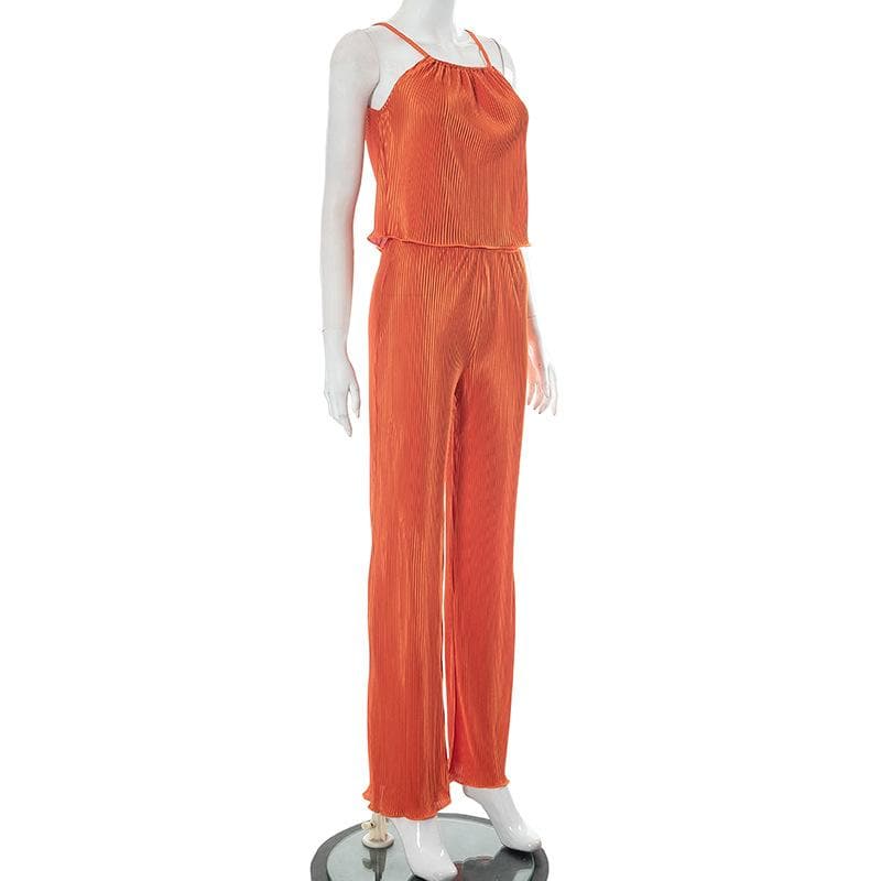 Textured solid ruffle backless sleeveless cami pant set