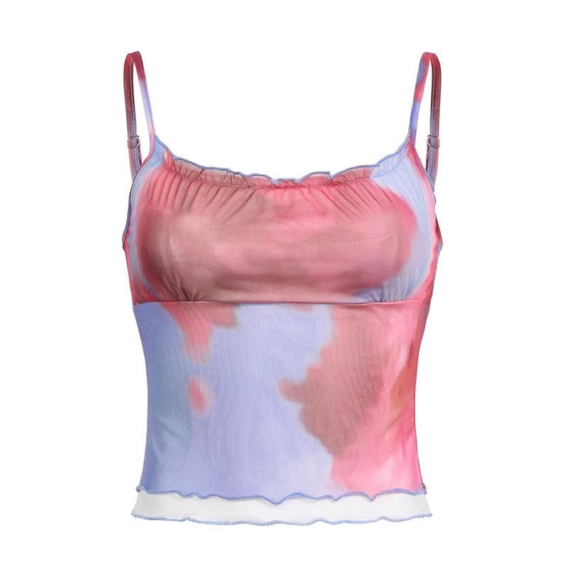Tie dye contrast mesh ruffle backless cami top