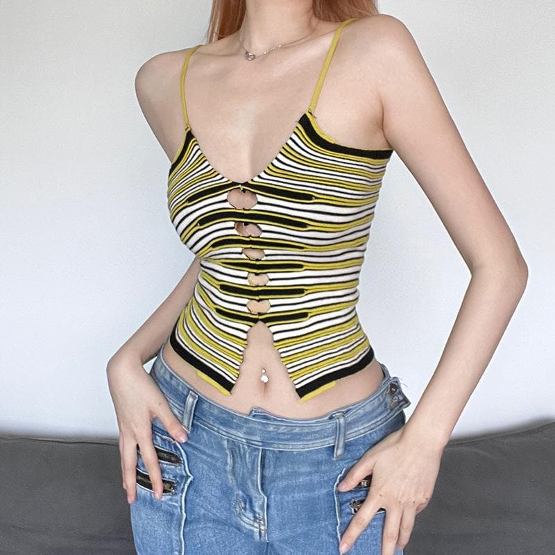 Knitted striped contrast hollow out cross front 2-way cami crop top