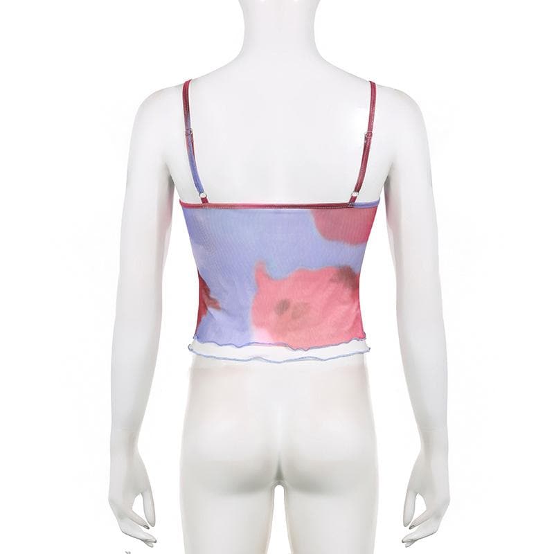 Tie dye contrast mesh ruffle backless cami top