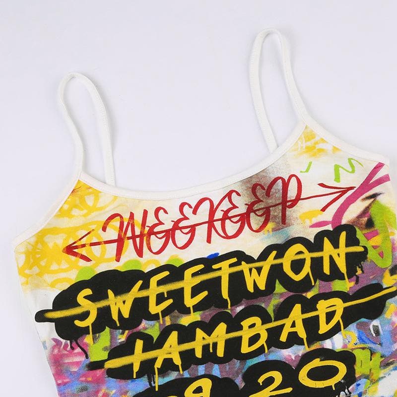 Letter print contrast u neck backless cami crop top - Final Sale