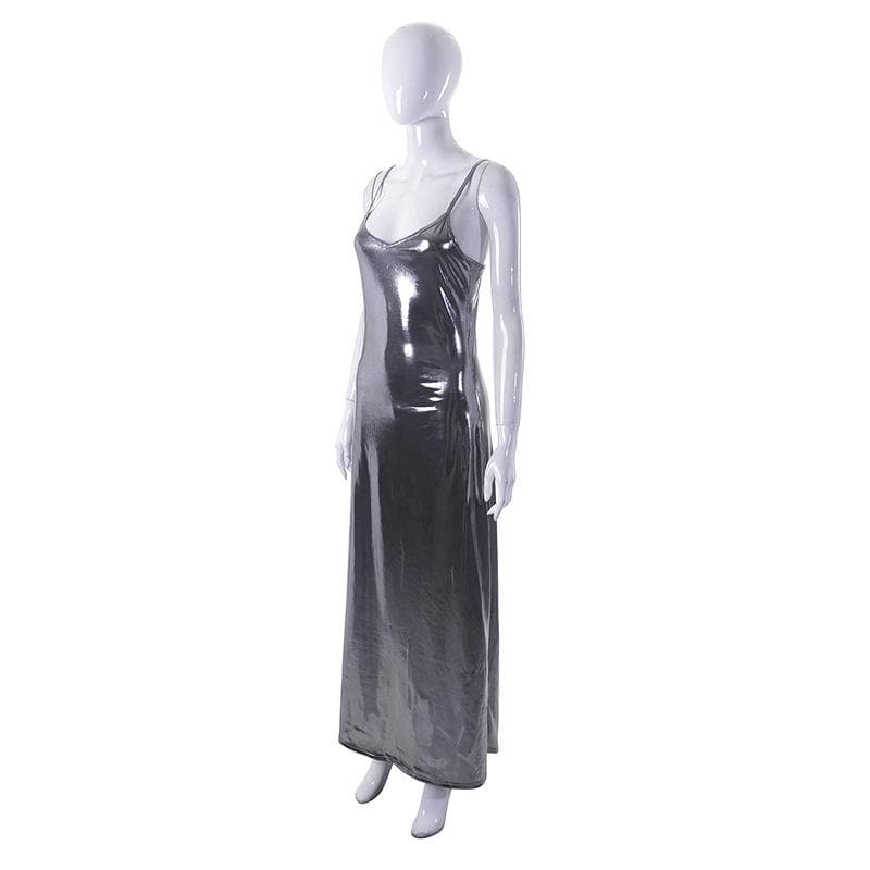 Metallic v neck backless solid low cut cami maxi dress
