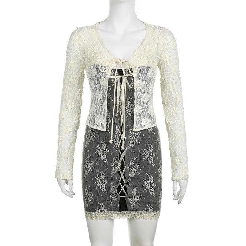Lace contrast lace up v neck backless 2 piece cami dress
