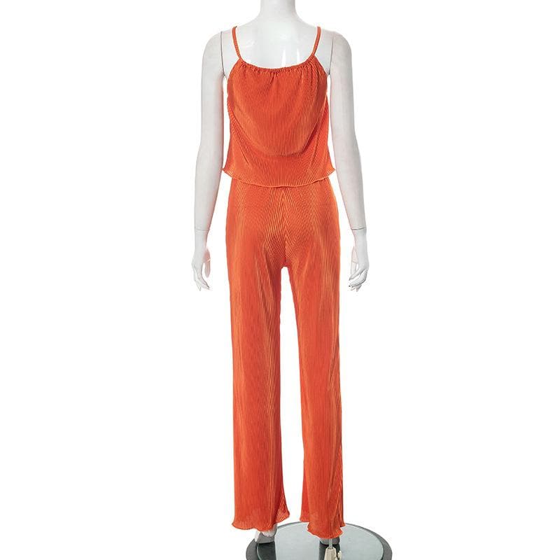 Textured solid ruffle backless sleeveless cami pant set