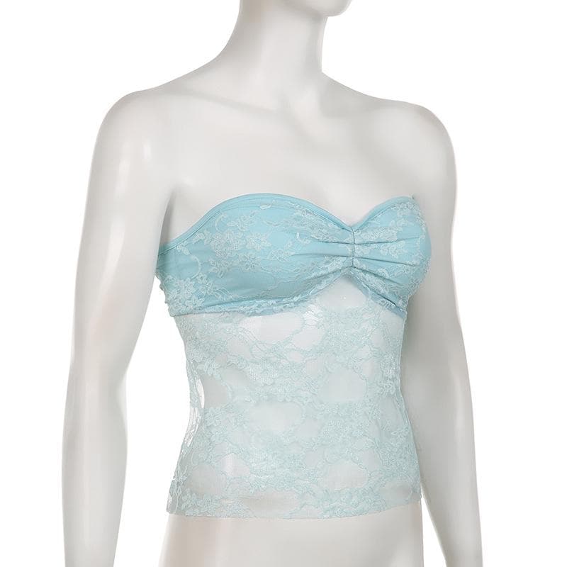 Lace solid ruched sweetheart neck backless self tie tube top