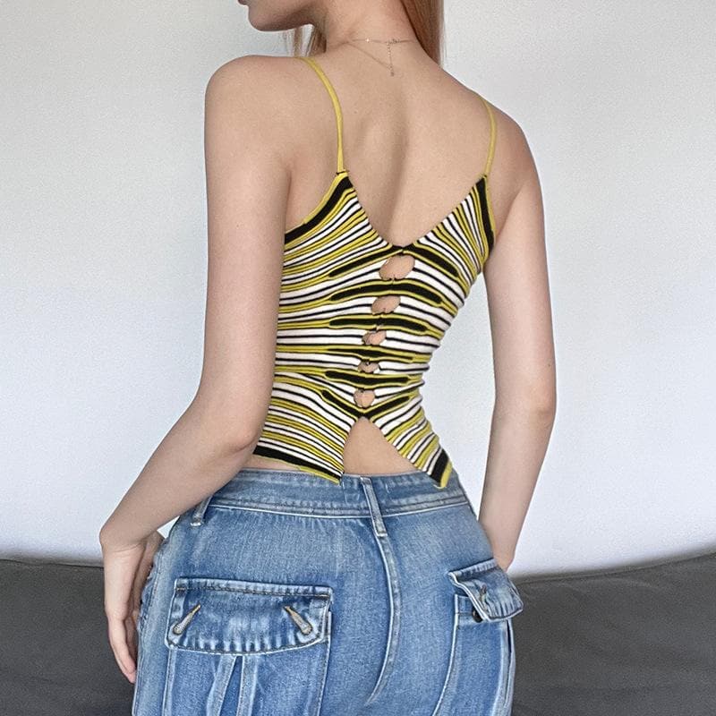 Knitted striped contrast hollow out cross front 2-way cami crop top