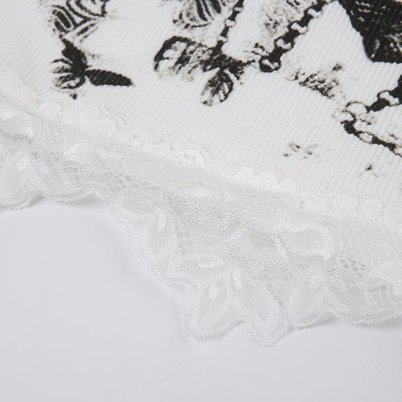 Ribbed butterfly pattern lace hem contrast cami crop top