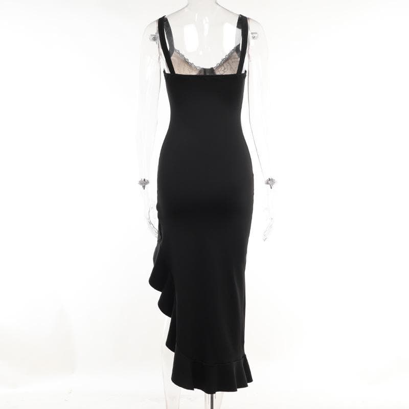 Ruffle slit v neck irregular backless lace cami midi dress