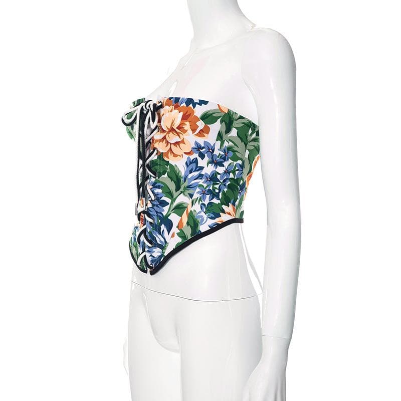 Lace up bustier flower print contrast backless tube top